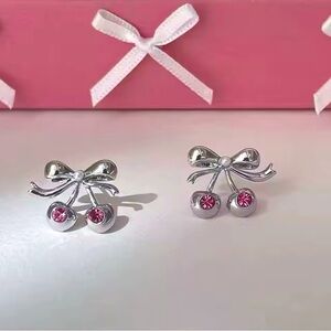 Sterling Silver Twin Cherry Bow Earrings with Ruby Accents 925 Stamped
